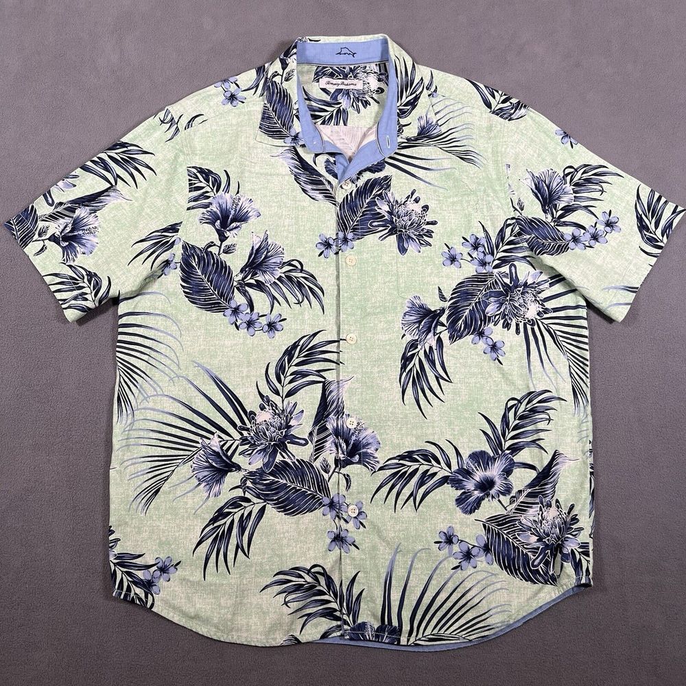 Tommy Bahama Camp Shirt Shirt Men Large Green Blue Goa Gardens Tropical‎ Silk
